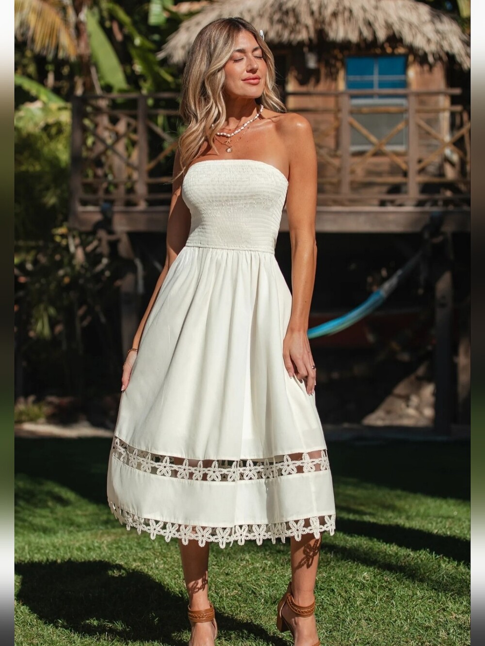 NWT! Boho Vanilla Beige Smocked Midi Dress Strapless w/ Lace Detail Medium